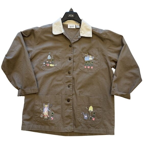 Christopher & Banks Womens Embroidered Chore Jacket Angels Cat Gardening L 90s - Picture 1 of 10